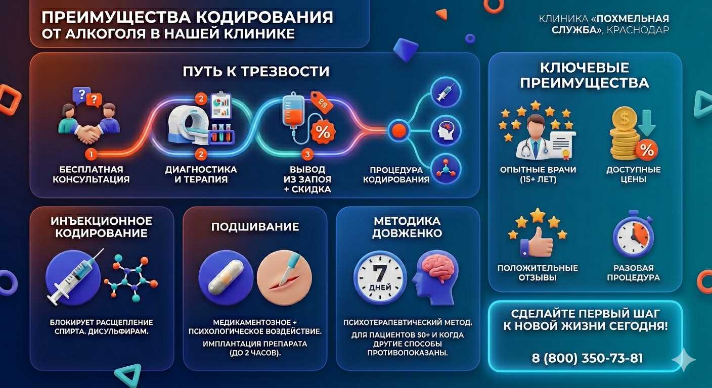 Инфографика о методах кодирования от алкоголя в Киргиз-Мияках: инъекции, подшивание, метод Довженко. Преимущества клиники и этапы лечения.