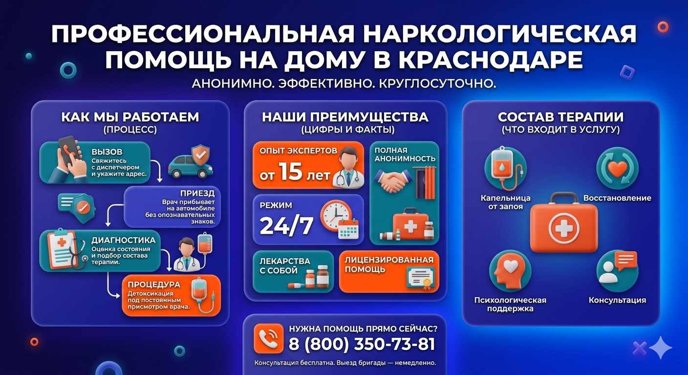Инфографика о принципах лечения алкоголизма на дому в Киргиз-Мияках: этапы вызова нарколога, преимущества анонимной детоксикации и состав медицинской помощи.